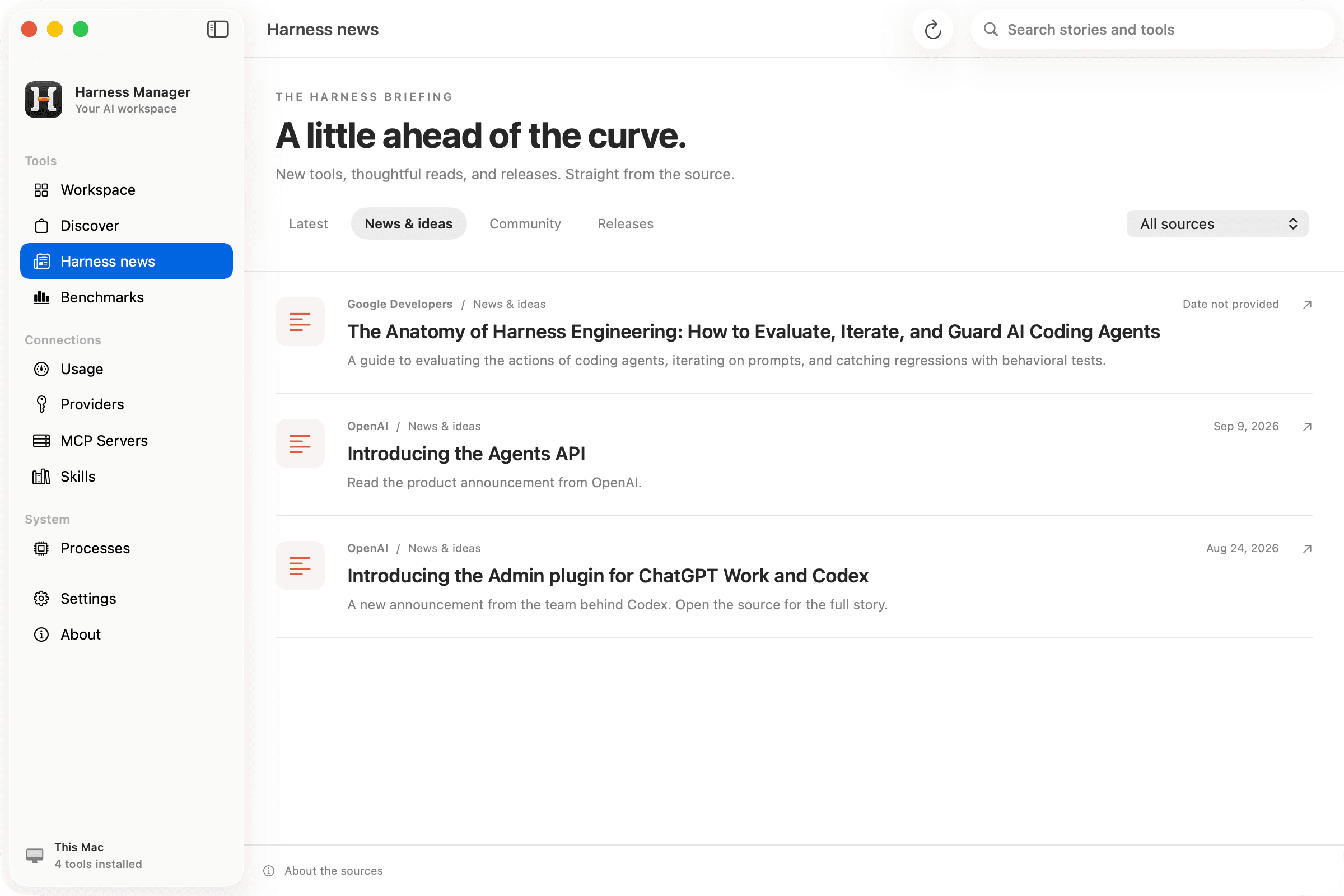 The native news page with sourced harness articles and a source filter