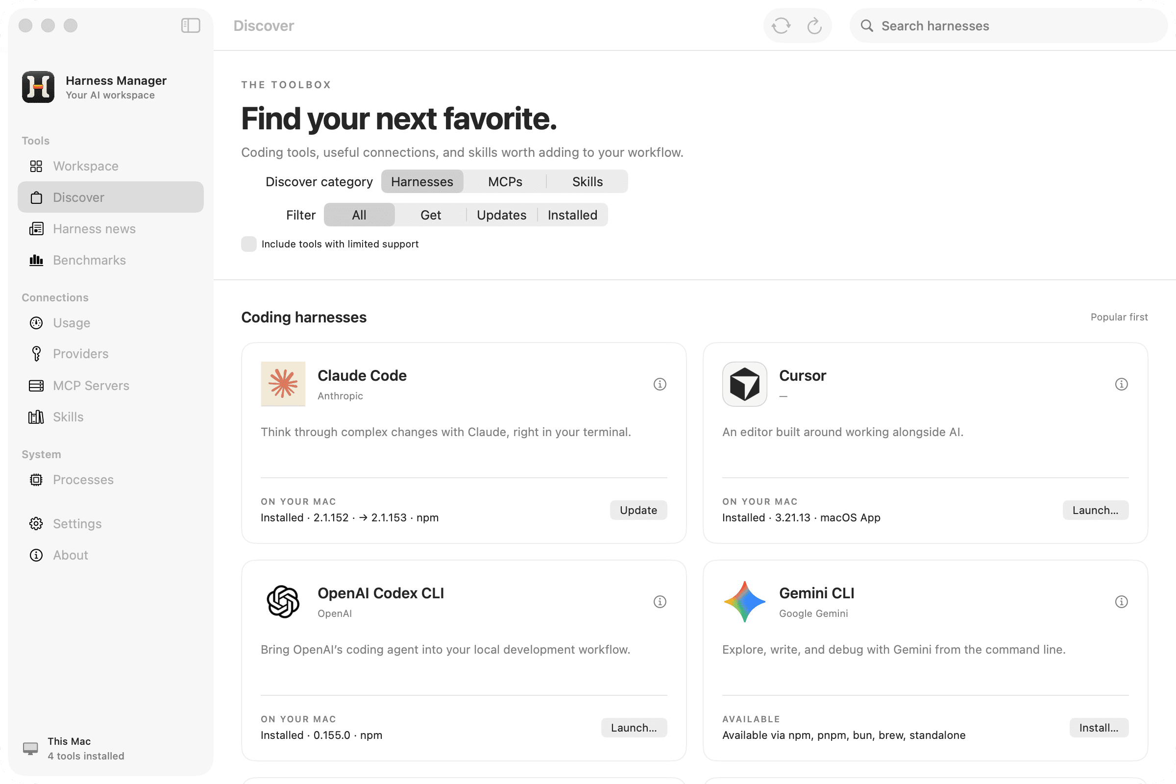 Discover screen of the actual Mac app, with logos and install options