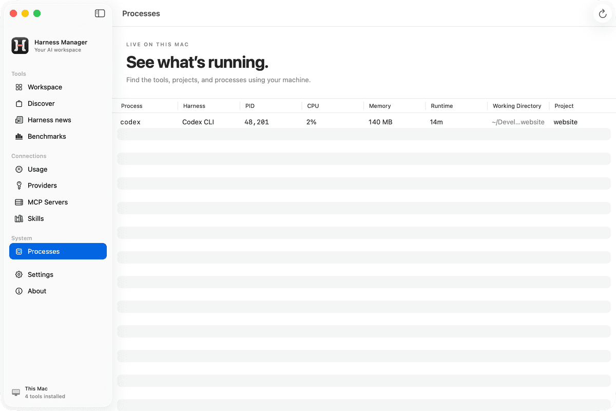 Native processes screen