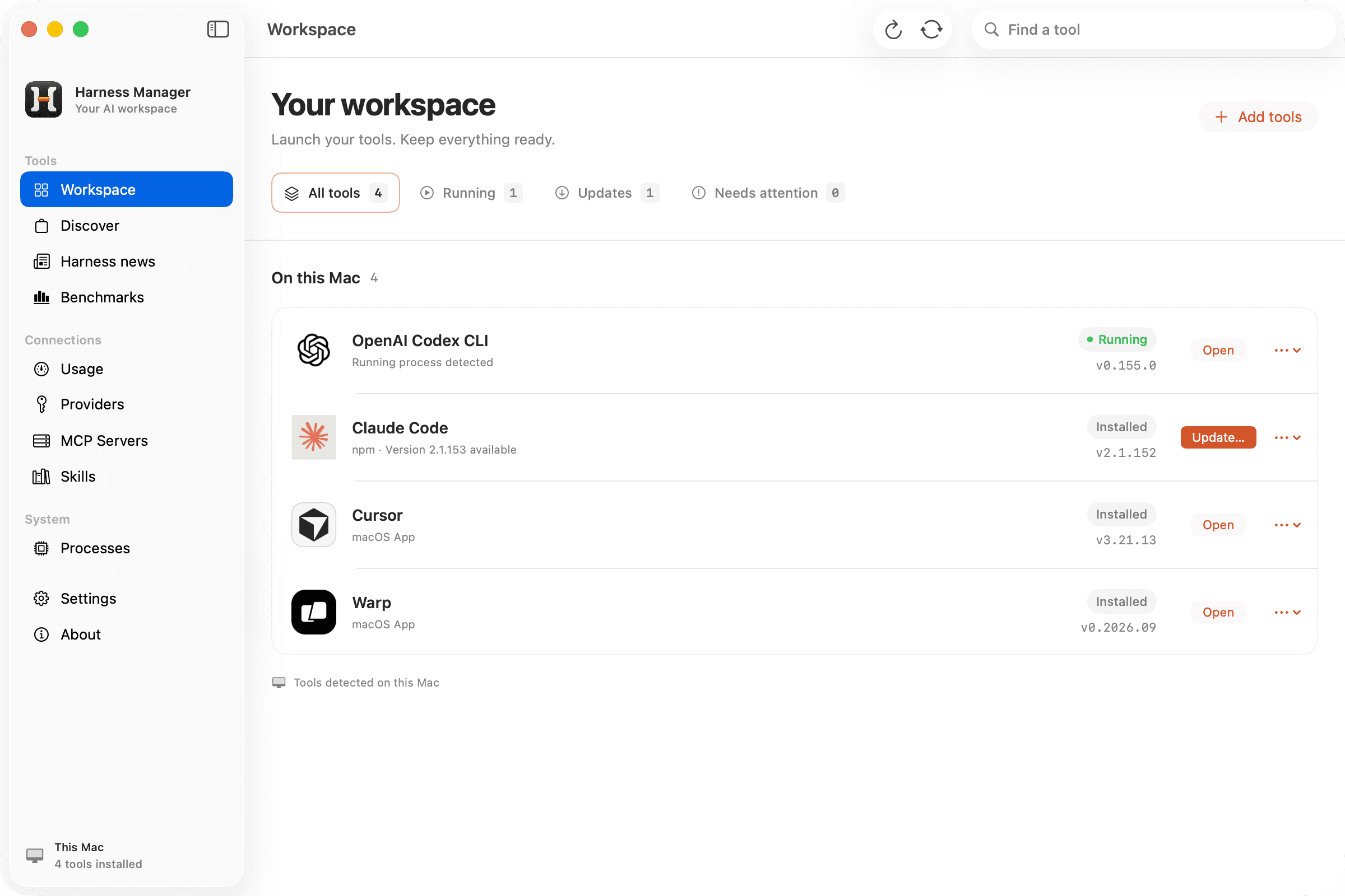 Harness Manager’s native workspace with installed tools, status, and update controls